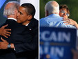 Барак Обама обнимается с Джо Байденом (слева), а Джон Маккейн – с Сарой Пэлин. Фото AFP