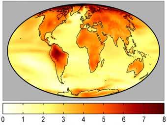 Карта предполагаемого потепления. Шкала изменения цвета от желтого к красному соответствует повышению температуры от одного до восьми градусов по Цельсию. Изображение с сайта www.globalwarmingart.com