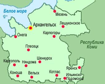 Карта Архангельской области с сайта www.dvinaland.ru