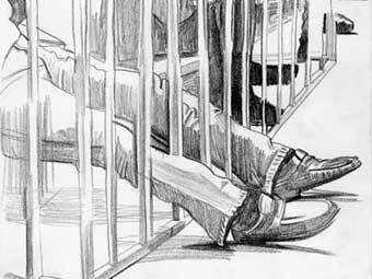 В зале суда, рисунок Павла Шевелева из книги "Рисунки по делу", галерея "Ковчег"