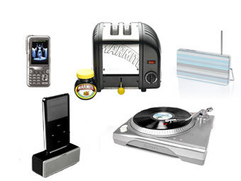 LG KG920, Dualit Marmite Toaster, Intempo Digital PP01 DAB radio, SoundTraveller speaker, ION USB turntable.  .