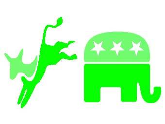 Эмблемы демократической и республиканской партии (осел и слон, соответственно), исполненные в зеленых тонах. Коллаж Lenta.ru