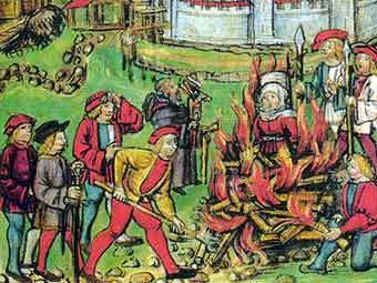 Сожжение ведьмы. Фрагмент миниатюры из иллюстрированной хроники Дипольда Шиллинга, 1513 год