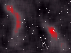 Часть неба в окрестности созвездия Орион (изображено белым цветом). Красным показаны регионы-источники избыточного излучения. Изображение авторов исследования.