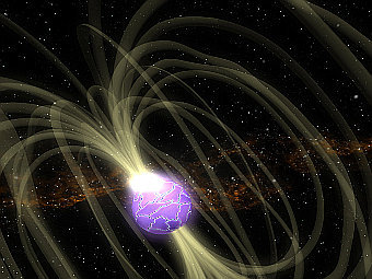 Компьютерная модель магнетара. Хорошо видны струи заряженных частиц, движущиеся вдоль силовых линий магнитного поля звезды. Изображение NASA
