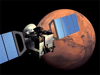 Компьютерная модель зонда Mars Express на фоне Марса. Изображение ESA