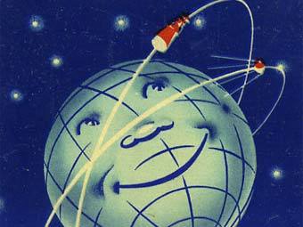 Открытка "Советский спутник - первый в мире", фрагмент изображения с сайта shprints.com