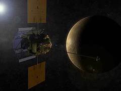 Приближение зонда "Мессенджер" к Меркурию глазами художника. Изображение NASA/JPL