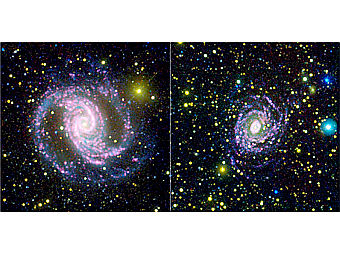 Сравнение двух фотографий галактики NGC 1566. На второй хорошо видно большое количество мелких звезд. Фото NASA/JPL-Caltech/JHU 