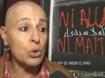 Надя Эль Фани на фоне плаката своего фильма. Кадр телеканала HTV Надя Эль Фани на фоне плаката своего фильма. Кадр телеканала HTV