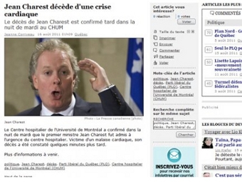 Скриншот сайта Le Devoir с новостью о смерти Жана Шаре Скриншот сайта Le Devoir с новостью о смерти Жана Шаре