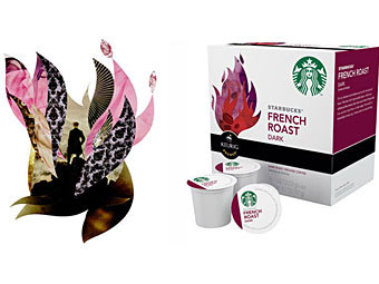 Работа Офелии Чонг (слева) и упаковка Starbucks. Фото с сайта hyperallergic.com