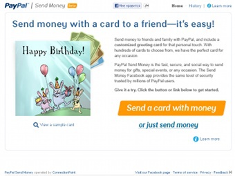 Скриншот приложения PayPal SendMoney на Facebook