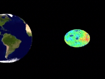 Взаимное расположение Луны и Земли. Хорошо видна неправильная форма земного спутника. Иллюстрация авторов исследования